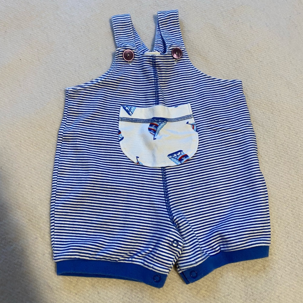Nautical Baby Romper 12M Blue Stripe Sailboat Shortall New